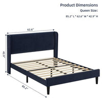 Whizmax Queen Size Bed Frame with Wingback, Velvet Platform Bed with Upholstered Headboard, Solid Wood Slats Support, No Box Spring Needed, Blue