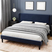 Whizmax Queen Size Bed Frame with Wingback, Velvet Platform Bed with Upholstered Headboard, Solid Wood Slats Support, No Box Spring Needed, Blue