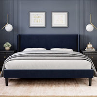 Whizmax Queen Size Bed Frame with Wingback, Velvet Platform Bed with Upholstered Headboard, Solid Wood Slats Support, No Box Spring Needed, Blue