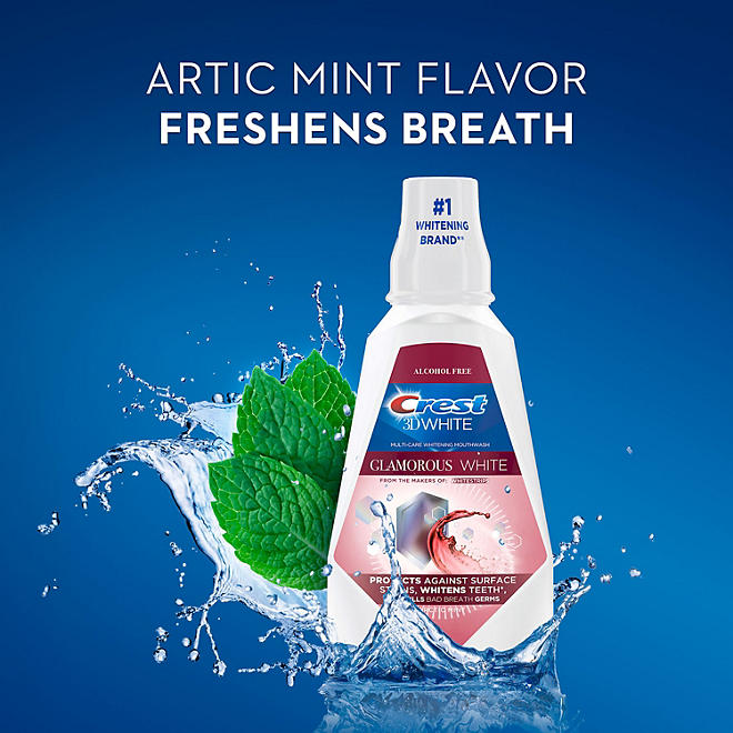 Crest 3D White Glamorous White Alcohol-Free Whitening Mouthwash, Arctic Mint (32 fl. oz., 2 p