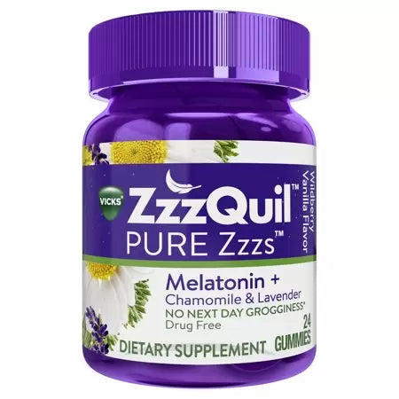 ZzzQuil PURE Zzzs, gommes d'aide au sommeil à la mélatonine avec lavande, racine de valériane etDLC: NOV/2024