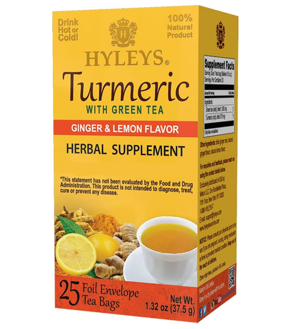 Hyleys Turmeric with Green Tea Ginger & Lemon Flavor - Natural Antioxidant Blend - 25 Tea Bags