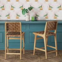 Ceylon Woven Counter Height Barstool Brown/Natural Wood - Threshold: Rubberwood Frame, Bonded Leather, Fixed 24" Seat Height