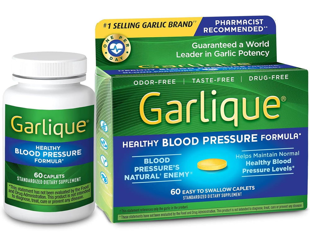 Garlique Garlic Extract Supplement, Healthy Blood Pressure Formula, Odorless & Vegan, 60 Caplets-DLC:05/25