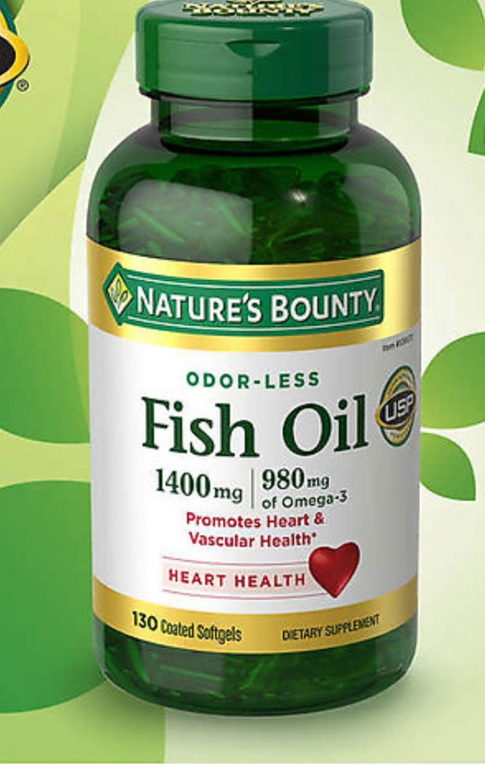 Nature's Bounty Fish Oil 1400 mg 980 mg of Omega 3  Promotes Heart & Vascular Health 130 Coated Softgels DLC: 01/2028