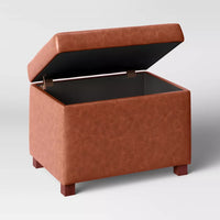 
              Essex Single Storage Ottoman Caramel Faux Leather - Threshold: Upholstered Rectangular Bench with Lid
            