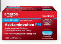 
              Amazon Basic Care Acetaminophen PM Caplets, Pain Reliever Plus Nighttime Sleep Aid, Extra Strength, Helps Occasional Minor Aches, Pains and Headache Relief, 100 Count,
            