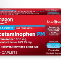 Amazon Basic Care Acetaminophen PM Caplets, Pain Reliever Plus Nighttime Sleep Aid, Extra Strength, Helps Occasional Minor Aches, Pains and Headache Relief, 100 Count,