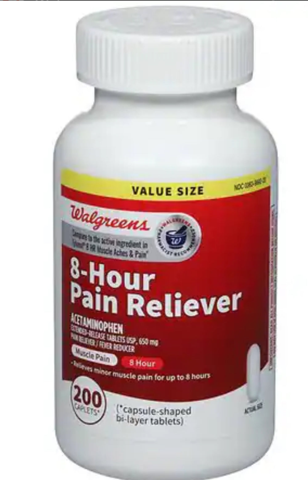 Walgreens 8-Hour Pain Reliever Acetaminophen 650 mg Caplet, 200 ea DLC: 03/2027
