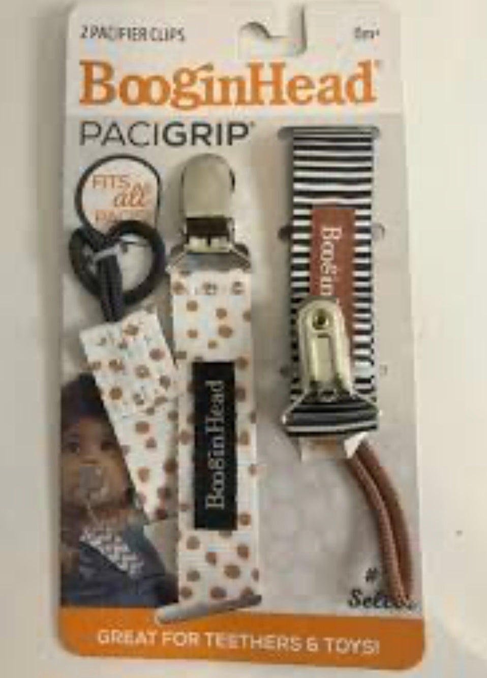 BooginHead PaciGrip - Black&White Stripes/Terracotta Dots - 2pk
