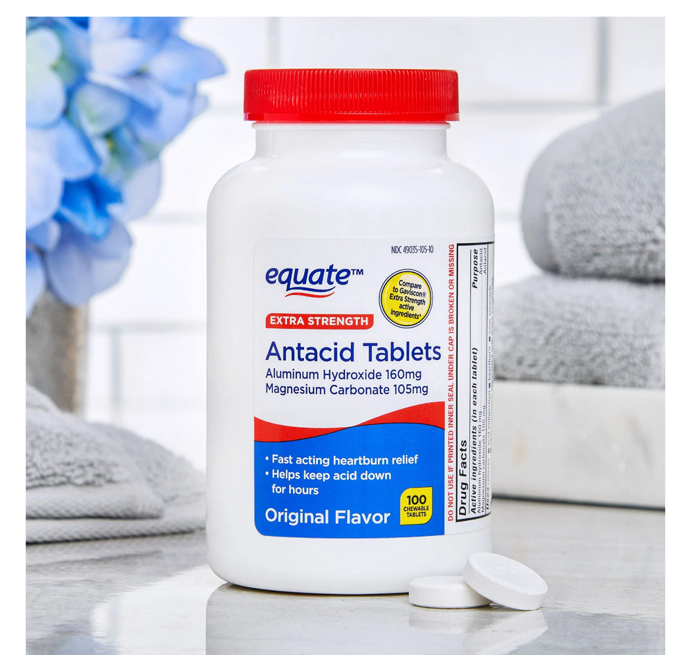 Equate Extra Strength Antacid, Upset Stomach, Chewable Tablets, over the Counter, 160 mg, 100 Count