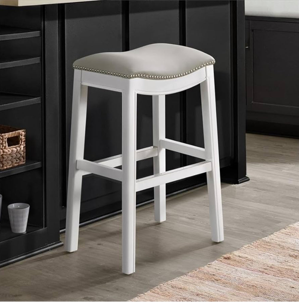 Williston Bar Height Stool White - Alaterre Furniture: Upholstered Saddle Seat, Nailhead Trim, Rubberwood