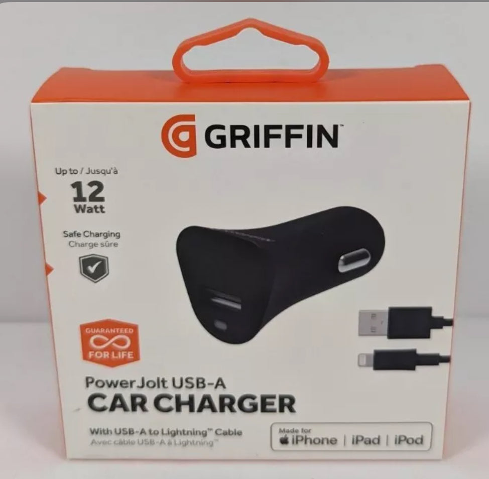 Griffin PowerJolt Universal USB-A 12W Car Charger with USB-A to Lightning Cable