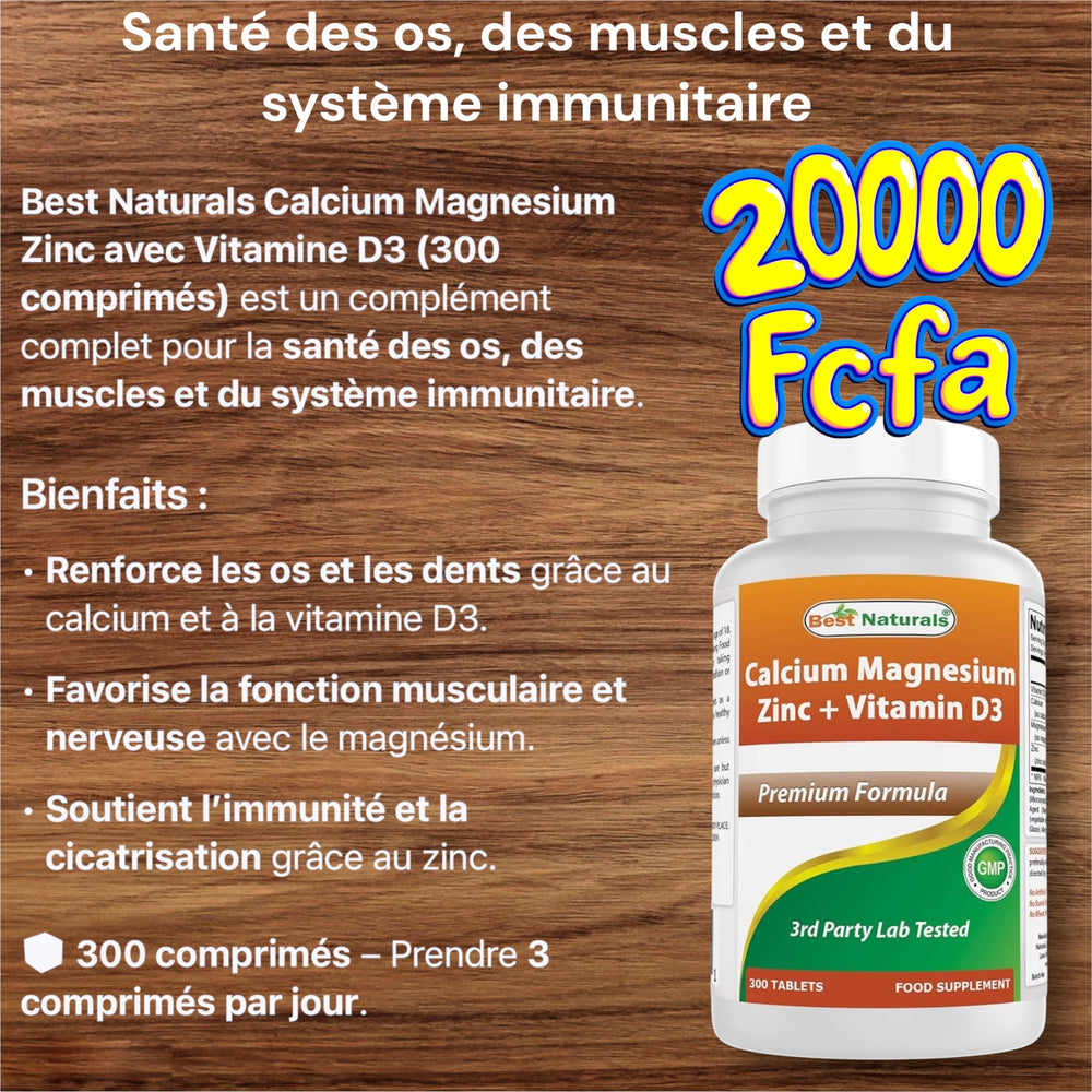 Best Naturals Calcium Magnesium Zinc with Vitamin D3, 300 Tablets - Calcium 1000 mg, Magnesium 400 mg, Zinc 25 mg & D3 600 IU per Serving (3 Tablets) 01/28