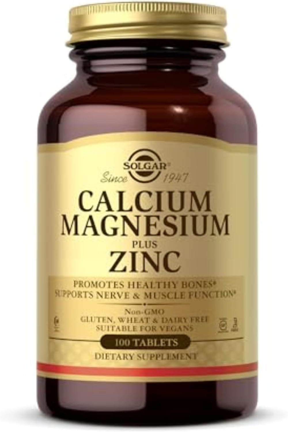 Solgar Calcium Magnesium Plus Zinc, 100 Tablets - Promotes Healthy Bones and Teeth - Supports Nerve & Muscle Function - Non GMO, Vegan, Gluten Free, Dairy Free, Kosher, Halal - 33 Servings DLC: 09/2028