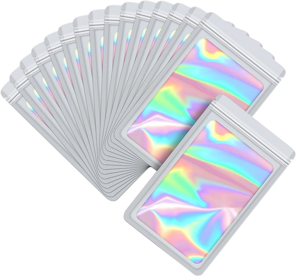 EONJOE Lot de 100 sachets en mylar 6 × 9 pouces avec fenêtre transparente, refermables holographiques, sachets d'emballage à fermeture éclair pour petites entreprises, bijoux, bonbons, échantillons, fournitures d'emballage alimentaire (blanc)