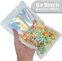 
              EONJOE Lot de 100 sachets en mylar 6 × 9 pouces avec fenêtre transparente, refermables holographiques, sachets d'emballage à fermeture éclair pour petites entreprises, bijoux, bonbons, échantillons, fournitures d'emballage alimentaire (blanc)
            