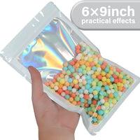 EONJOE Lot de 100 sachets en mylar 6 × 9 pouces avec fenêtre transparente, refermables holographiques, sachets d'emballage à fermeture éclair pour petites entreprises, bijoux, bonbons, échantillons, fournitures d'emballage alimentaire (blanc)