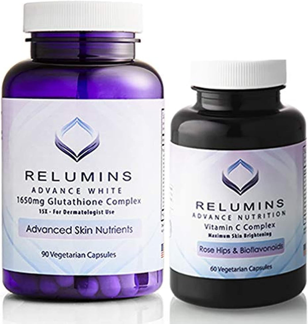 Relumins Advanced White Set - 1650 mg de complexe de glutathion (90 gélules) et de vitamine C avancée avec rose HANCHES et bioflavonoïdes (60 gélules)