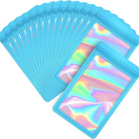 EONJOE 100-pack mylar bags with clear window holographic resealable sealable packaging zip bag for small bussiness jewelry candy sample food packing supplies （3×3 inch，Blue）