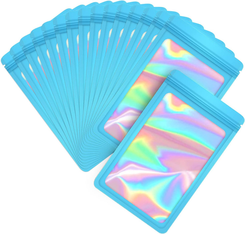 EONJOE 100-pack mylar bags with clear window holographic resealable sealable packaging zip bag for small bussiness jewelry candy sample food packing supplies （3×3 inch，Blue）