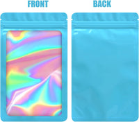 
              EONJOE 100-pack mylar bags with clear window holographic resealable sealable packaging zip bag for small bussiness jewelry candy sample food packing supplies （3×3 inch，Blue）
            