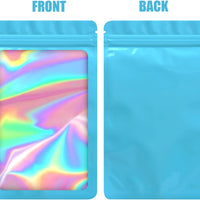 EONJOE 100-pack mylar bags with clear window holographic resealable sealable packaging zip bag for small bussiness jewelry candy sample food packing supplies （3×3 inch，Blue）