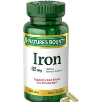 Nature's Bounty Iron 65mg, 325 mg Ferrous Sulfate, Cellular Energy Support, Promotes Normal Red Blood Cell Production, 100 Tablets DLC: 07/2028