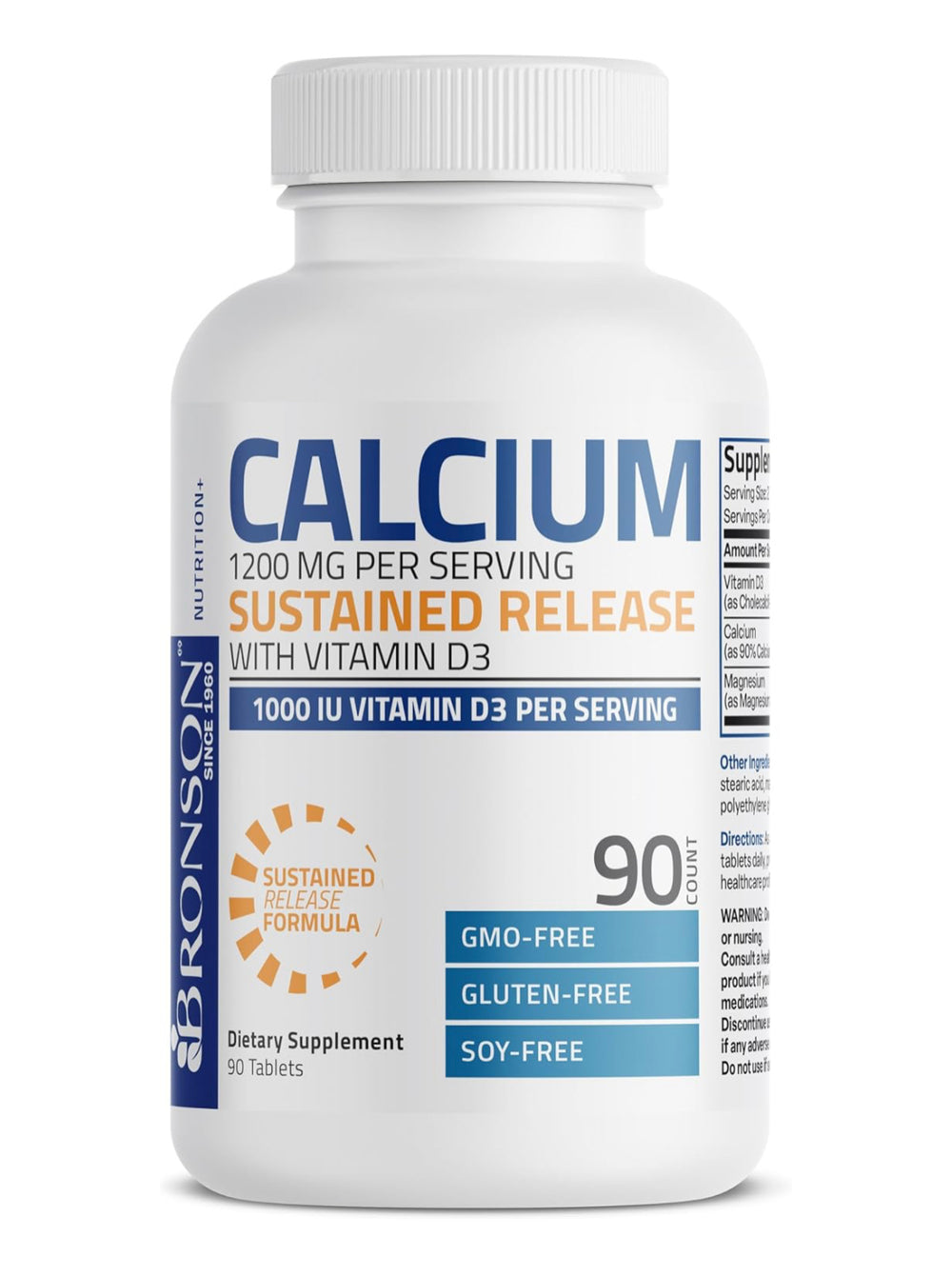 Bronson Calcium 1200 MG Per Serving Sustained Release with Vitamin D3 1000 IU Vitamin D3 Per Serving Non-GMO, 90 Tablets DLC: 09/2026
