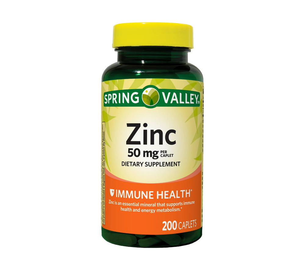 Spring Valley Zinc Immune Health Dietary Supplement Caplets, 50 mg, 200 Count-DLC:08/26