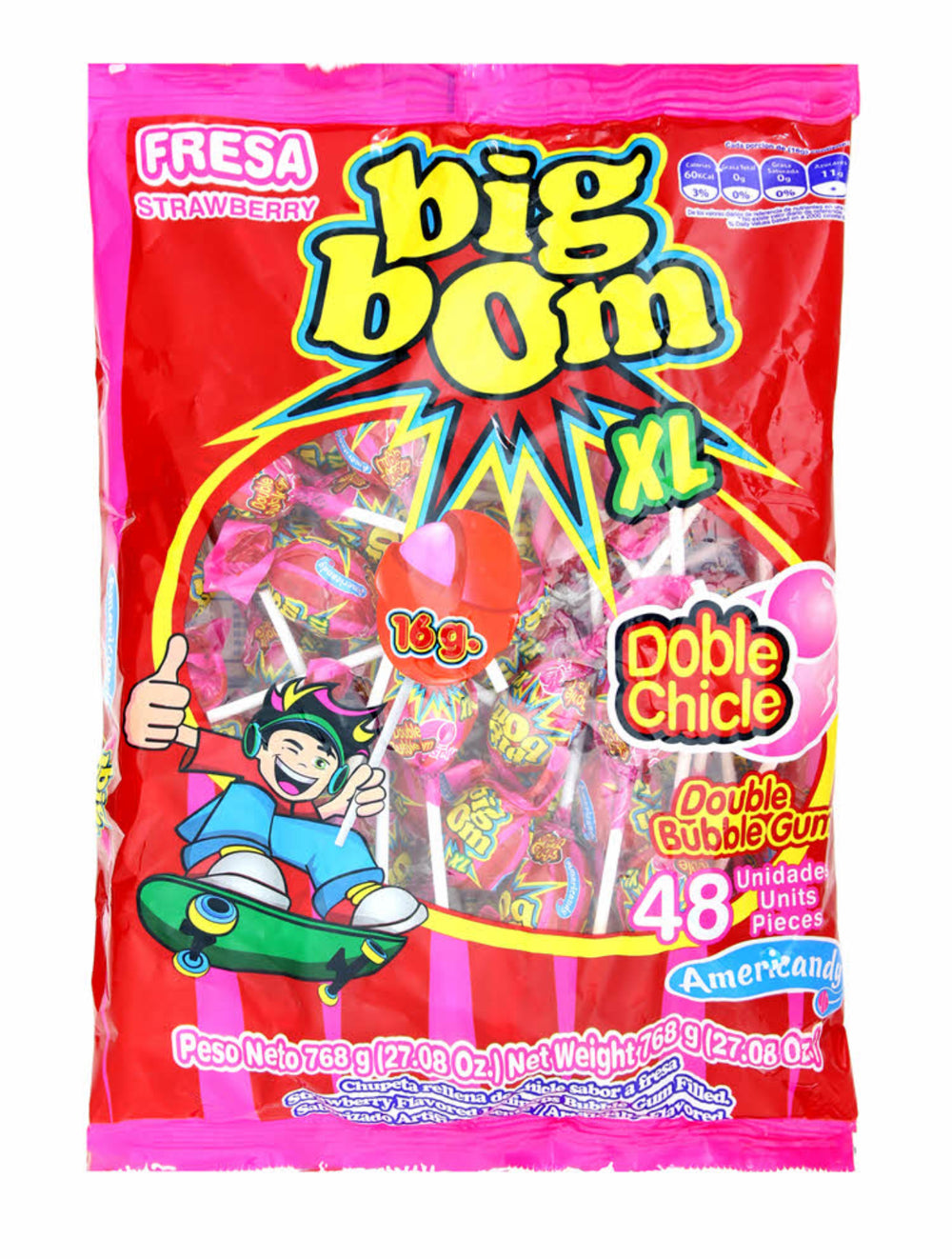 Americandy Big Bom Xl Strawberry Lollipops 16 g Pack of 48