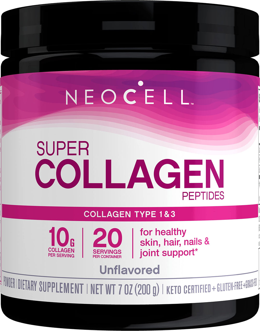 NeoCell Super Collagen Peptides, 10g Collagen Peptides per Serving, Gluten Free, Keto Friendly, Non-GMO, Grass Fed, Healthy Hair, Skin, Nails and Joints, Unflavored Powder, 200g
