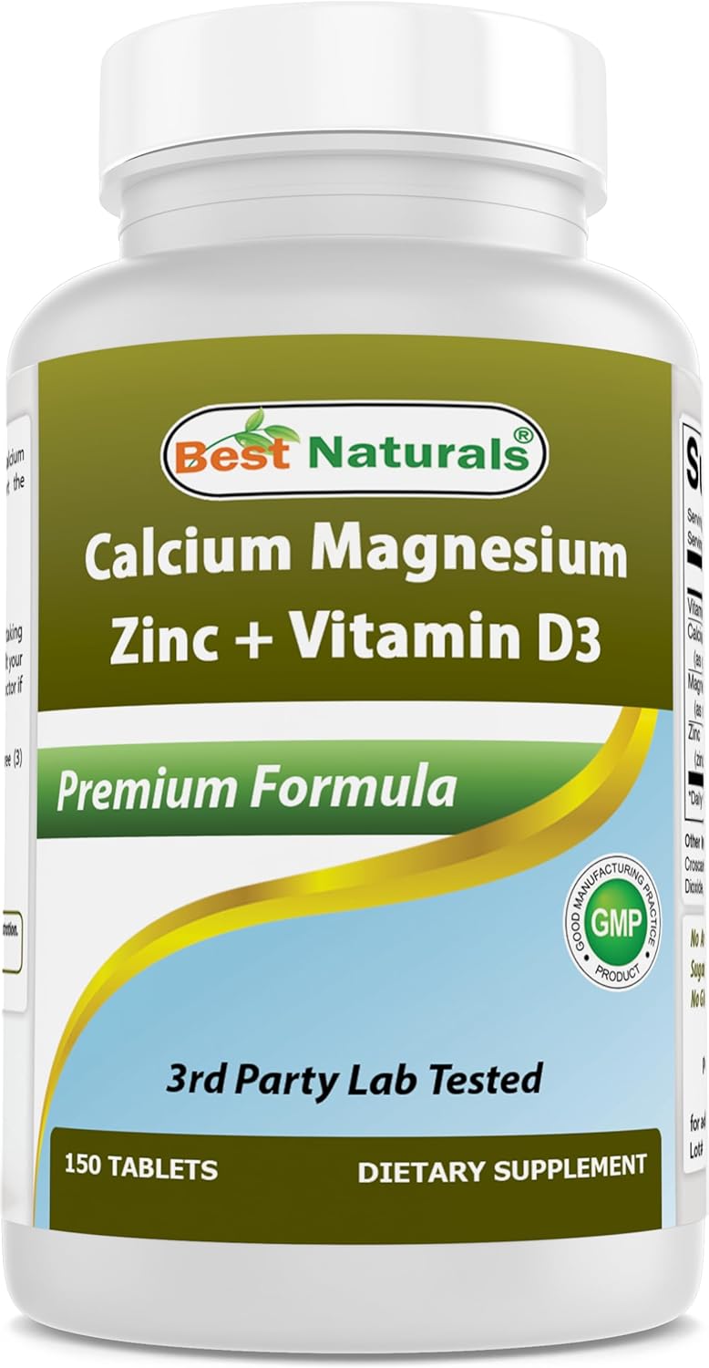 Best Naturals Calcium Magnesium Zinc with Vitamin D3, 150 Tablets - Calcium 1000 mg, Magnesium 400 mg, Zinc 25 mg & D3 600 IU per Serving (3 Tablets) DLC: 08/2026