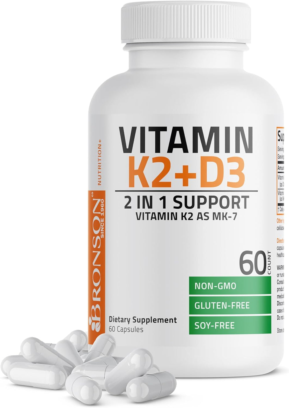 Bronson Vitamin K2 (MK7) with D3 Supplement Non-GMO Formula 5000 IU Vitamin D3 & 90 mcg Vitamin K2 MK-7 Easy to Swallow Vitamin D & K Complex, 60 Capsules DLC: 08/2026