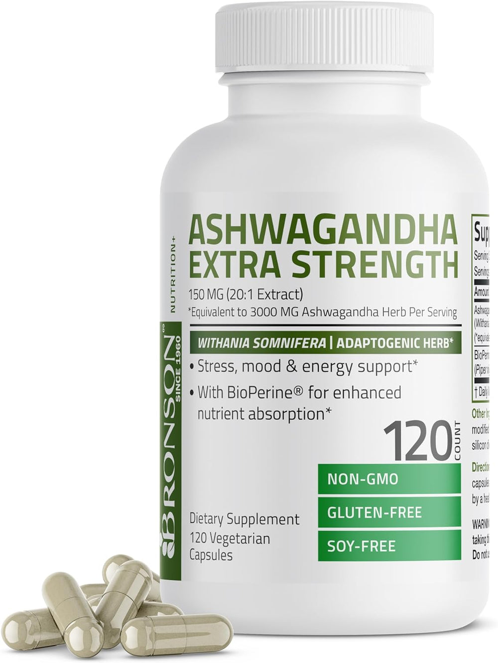 Bronson Ashwagandha Extra Strength Stress & Mood Support with BioPerine - Non GMO Formula, 120 Vegetarian Capsules DLC: Juin26