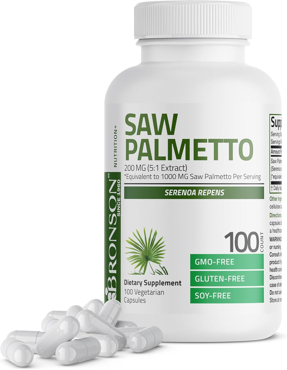 Bronson Saw Palmetto 1000 MG per Serving Extra Strength Supports Healthy Prostate Function & Urinary Health Support - Non GMO, 100 Vegetarian Capsules DLC: 02/2026