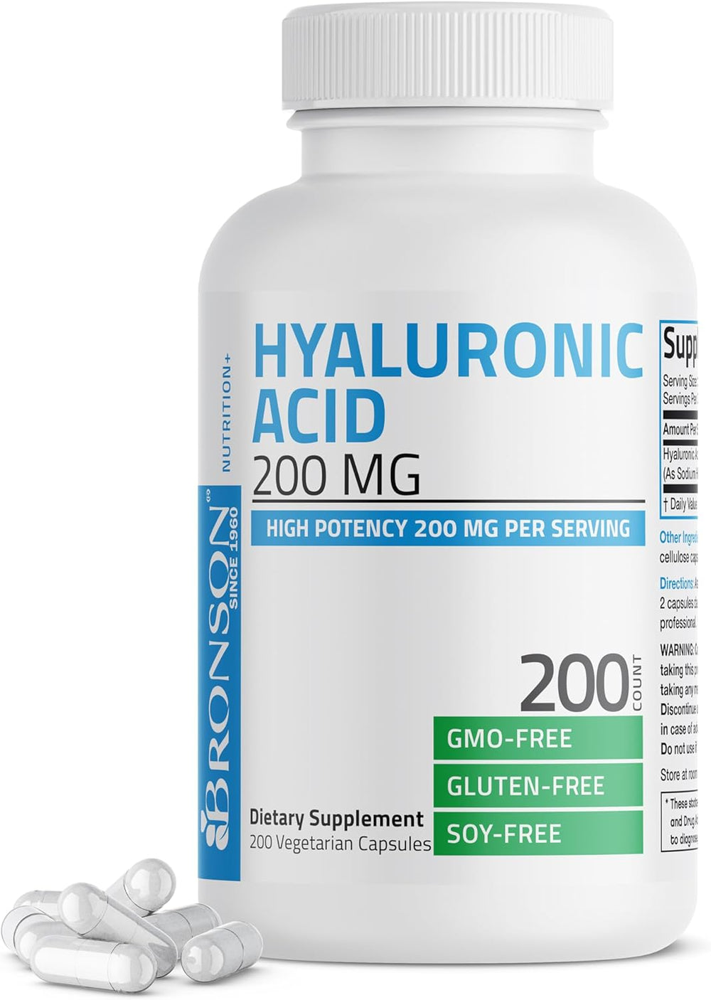 Bronson Hyaluronic Acid 200 MG High Potency Joint Health & Healthy Skin Support, Non-GMO, 200 Vegetarian Capsules DLC: 07/2026