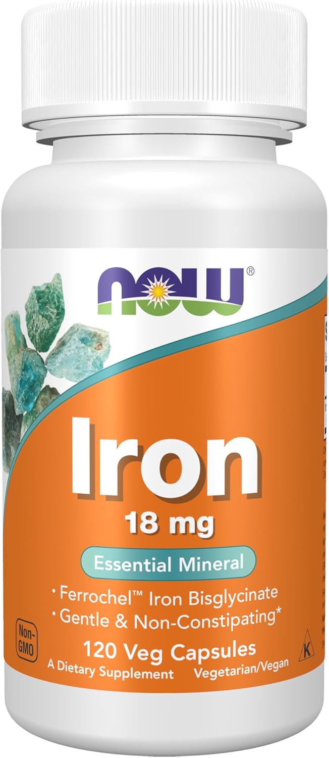 NOW Foods Supplements, Iron 18 mg, Non-Constipating*, Essential Mineral, 120 Veg Capsules DLC: 07/2028