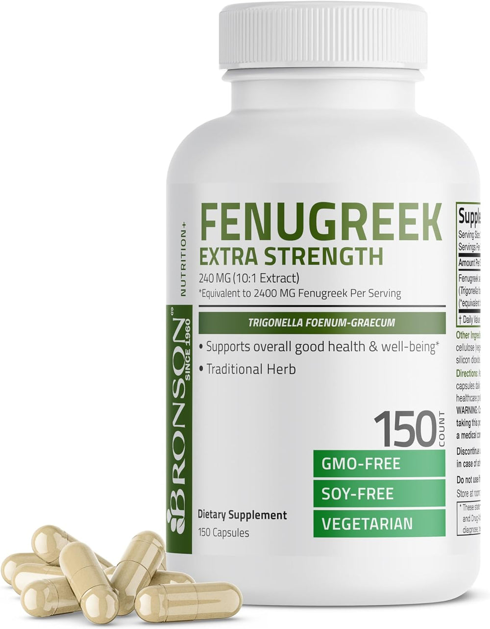 Bronson Fenugreek Seed Powder Capsules Extra Strength, Trigonella Foenum-Graecum, Non-GMO, Soy-Free, Vegetarian, 150 Capsules  DLC: 05/2026