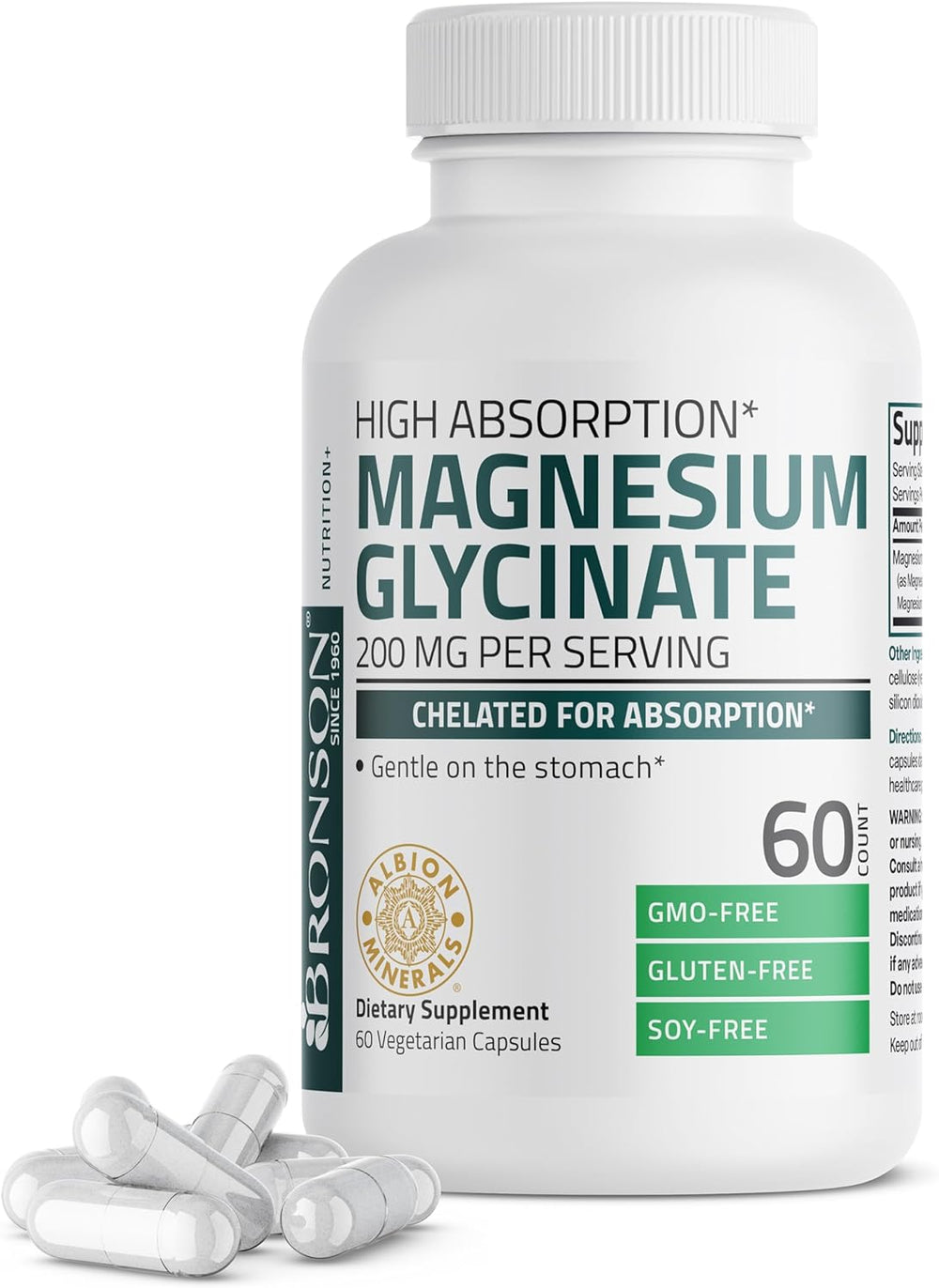 Bronson Magnesium Glycinate 200 MG per Serving Chelated for High Absorption, Gentle On Stomach, Non-GMO, 60 Vegetarian Capsules 12/26