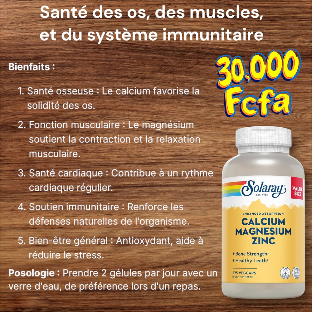 SOLARAY Calcium Magnesium Zinc Supplement - with Calcium 1000mg, Magnesium 500mg - Bone Health, Muscle Function, Heart Health and Immune Support - Vegan, 60 Day Guarantee, 68 Servings, 275 VegCaps DLC: 05/2028