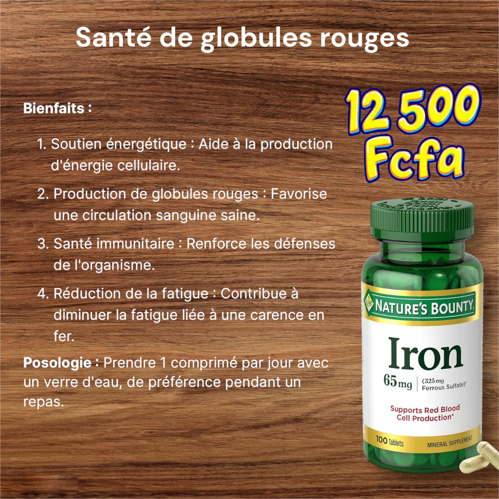 Nature's Bounty Iron 65mg, 325 mg Ferrous Sulfate, Cellular Energy Support, Promotes Normal Red Blood Cell Production, 100 Tablets DLC: 07/2028