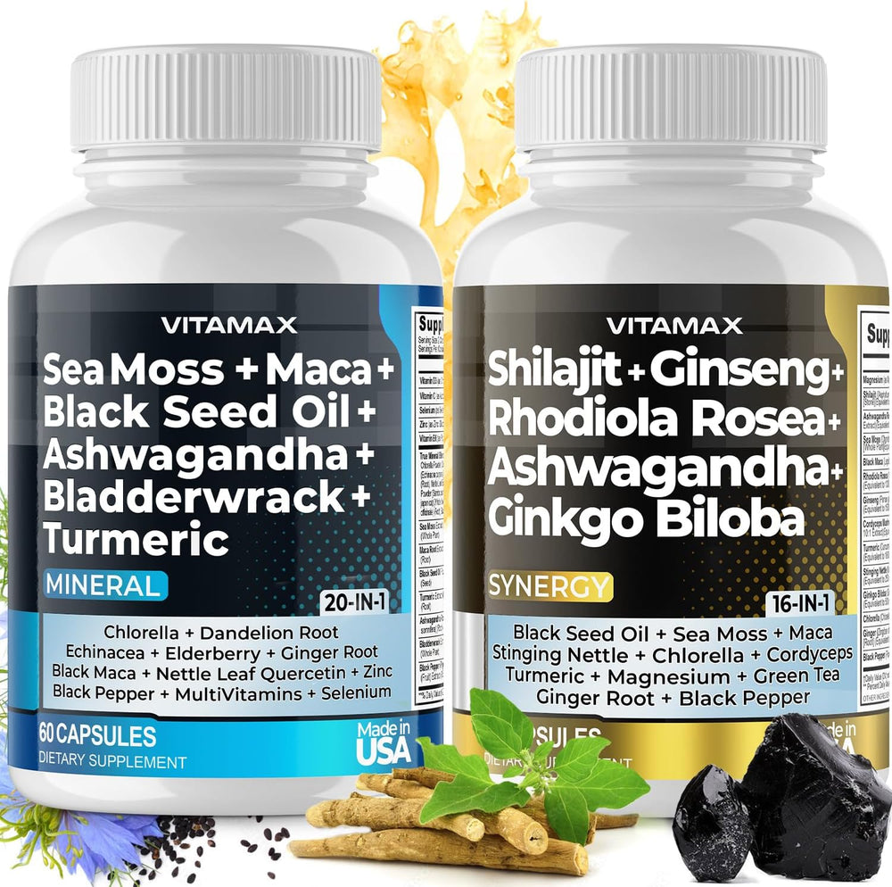 🌿 Pure Himalayan Shilajit Supplement Avec Ashwagandha, Sea Moss, Rhodiola Rosea, Gingko Biloba 60 capsules