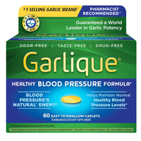 Garlique Garlic Extract Supplement, Healthy Blood Pressure Formula, Odorless & Vegan, 60 Caplets-DLC:05/25