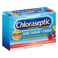 
              Chloraseptic Total Sore Throat + Cough Lozenges, Sugar-Free Wild Cherry Flavor, 15 CT
            