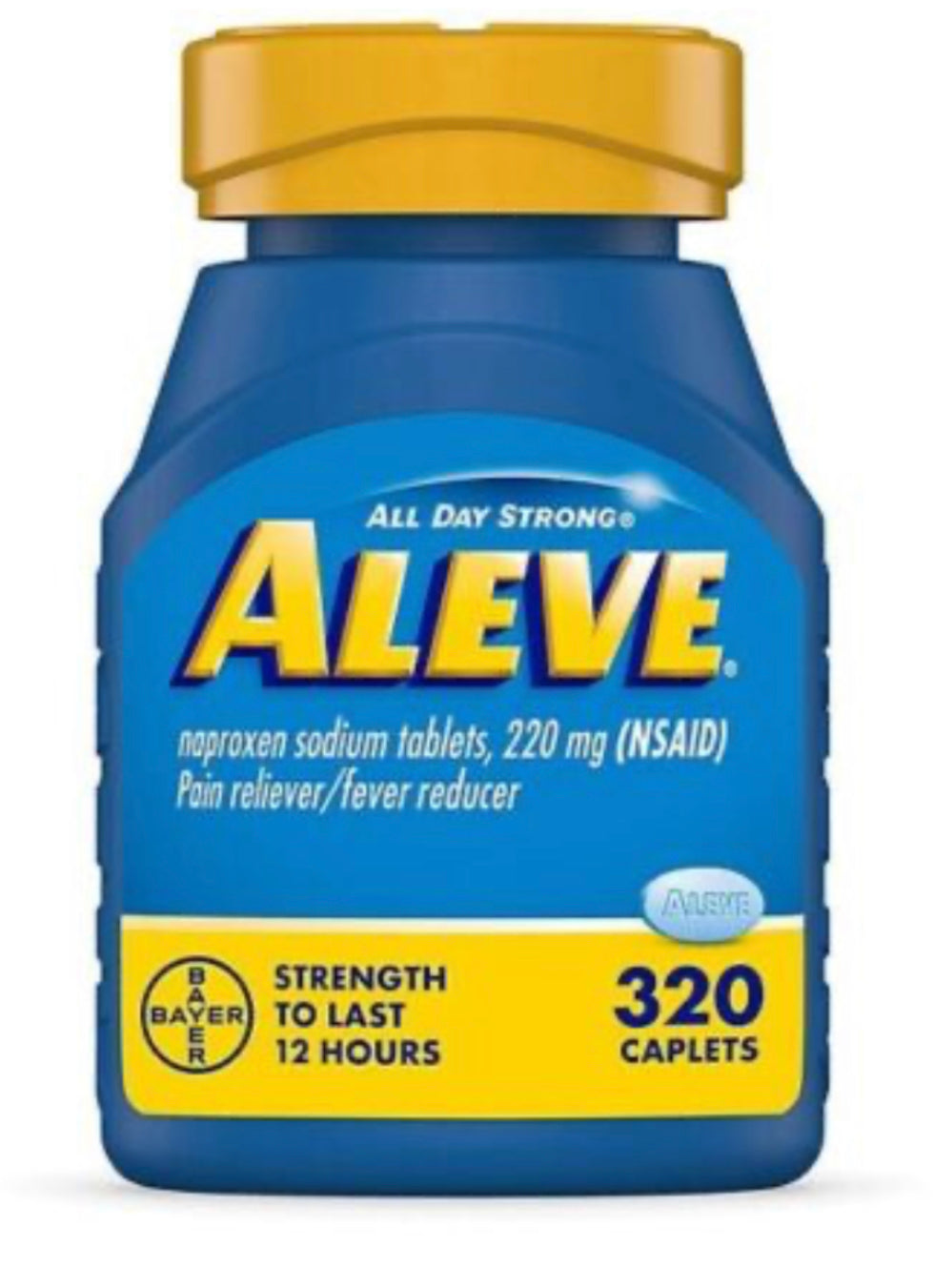 Aleve All Day Strong Naproxen Sodium 220 mg. Pain RelieverFever Reducer, 320 Caplets DLC: 01/2028