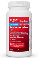 
              Amazon Basic Care Acetaminophen PM Caplets, Pain Reliever Plus Nighttime Sleep Aid, Extra Strength, Helps Occasional Minor Aches, Pains and Headache Relief, 100 Count,
            