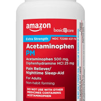 Amazon Basic Care Acetaminophen PM Caplets, Pain Reliever Plus Nighttime Sleep Aid, Extra Strength, Helps Occasional Minor Aches, Pains and Headache Relief, 100 Count,