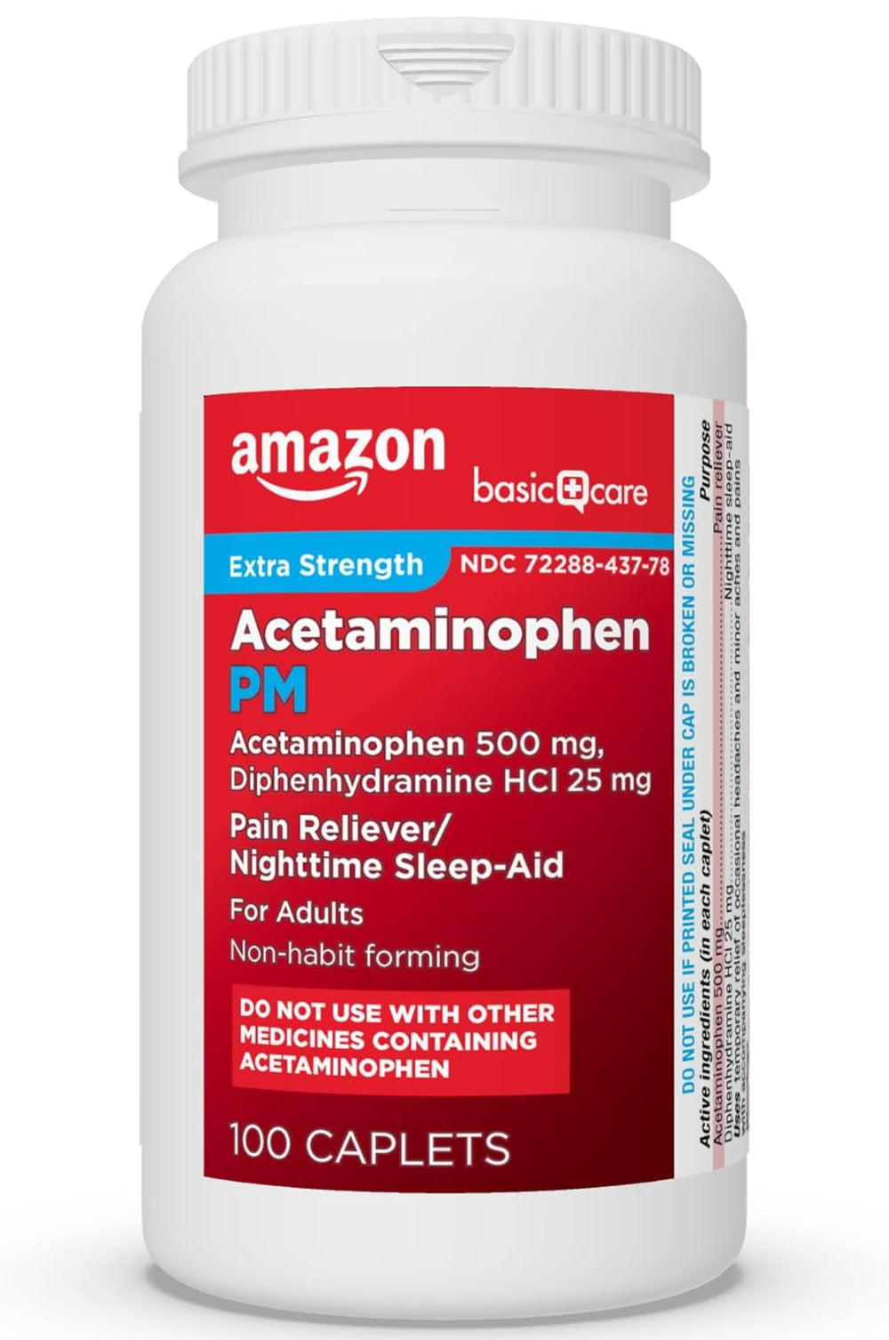 Amazon Basic Care Acetaminophen PM Caplets, Pain Reliever Plus Nighttime Sleep Aid, Extra Strength, Helps Occasional Minor Aches, Pains and Headache Relief, 100 Count,