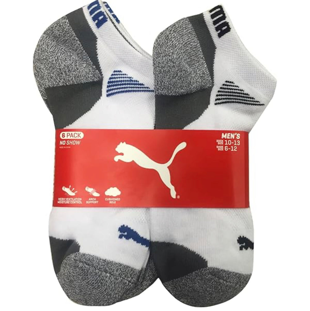 Puma Men's No Show Socks Coolmax 10 Pairs, White/ Gray, Shoe Size 6-12